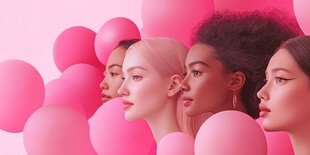 四位女性置身粉色气球中
