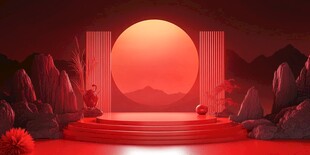 红色舞台下的奇幻落日景观