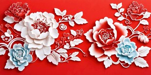 立体剪纸花卉 红色背景美饰