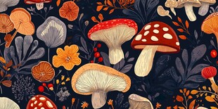 梦幻森林蘑菇花卉插画