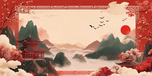 古风中式山水楼阁风景图