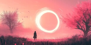 女孩于梦幻粉景中独赏圆环