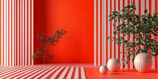 橙白空间中的绿植与摆件