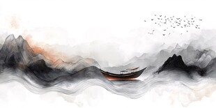 水墨孤舟游于山水之间