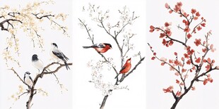 三联花鸟图 梅枝栖鸟韵致