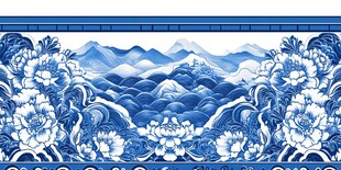 青花瓷山水花卉纹装饰图案