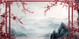 中式红框梅花山水意境图