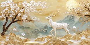 梦幻白鹿踏春山水图景