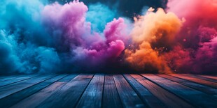 梦幻彩色云雾下的木质平台