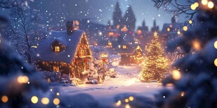 梦幻雪夜中的温馨圣诞小镇