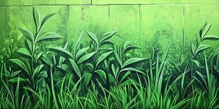 绿色植物砖墙背景插画