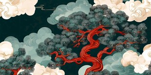 中式古风云间红松插画