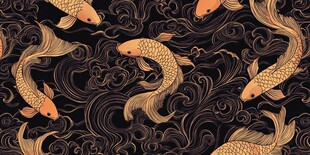 金鲤游于墨底云纹间