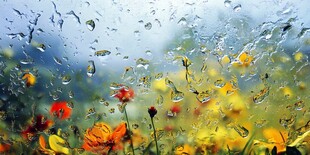 雨幕中的绚烂花丛