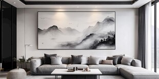 现代客厅的水墨山水装饰画