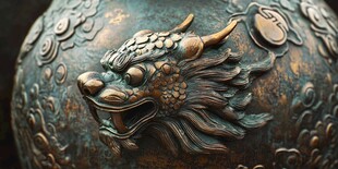 青铜龙首浮雕器物特写