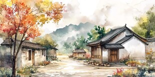 秋日乡村水墨风景图