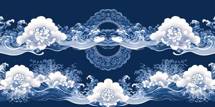 中式蓝白祥云海浪纹图案