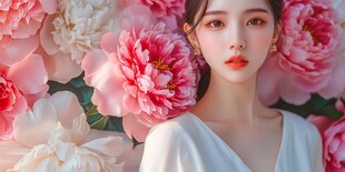 花簇中的优雅东方美人