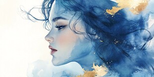 梦幻蓝发女子水彩侧颜