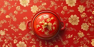 红底金花上的精美中式汤锅
