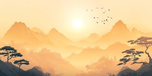 日出群山间飞鸟伴松景