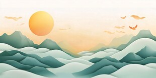 山间日出飞鸟美景图