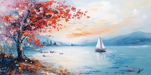 秋日湖畔帆船美景