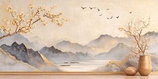 中式山水花鸟背景墙装饰