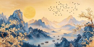 夕阳下的山水飞鸟景致