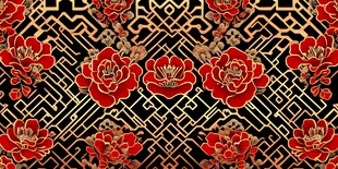 中式红牡丹黑金几何花纹