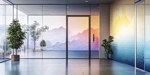 现代多彩玻璃墙的宽敞大厅