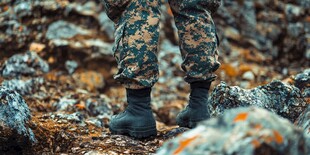 军人行进于崎岖岩石间