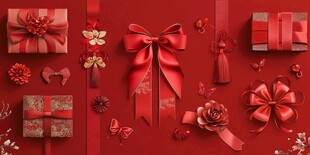 红色系精美礼品与蝴蝶结装饰