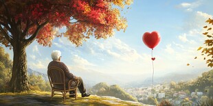 老人静赏飘向远方的心形气球