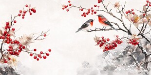 雪中双鸟栖于红果枝头