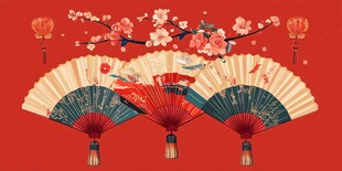 中式折扇与繁花喜庆画面