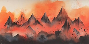 梦幻橙红山水墨画意境图