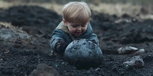 幼儿专注玩泥中石头