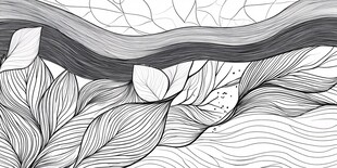 黑白线条绘就的叶与波