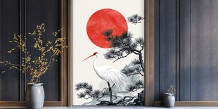 红日青松白鹤中式挂画