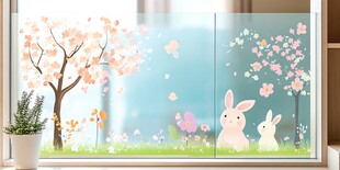 春日萌兔花卉窗景图