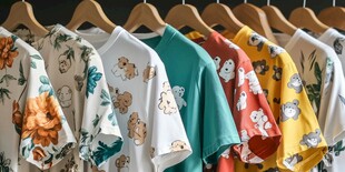 多彩印花T恤挂于衣架间