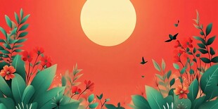 夕阳下的花草与飞鸟景观