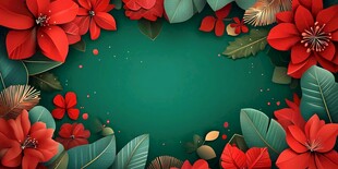 红花朵绿叶环绕背景图