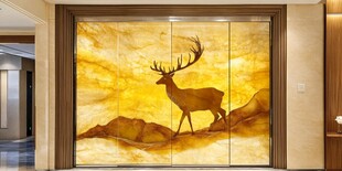 金色麋鹿山水艺术玻璃门