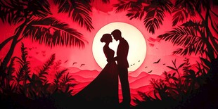 浪漫夕阳下的情侣剪影