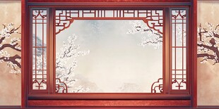 中式古典雕花窗棂风景图