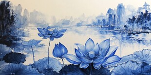 水墨蓝莲映于湖景之中
