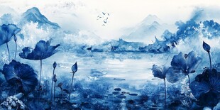 水墨蓝调荷塘山水图